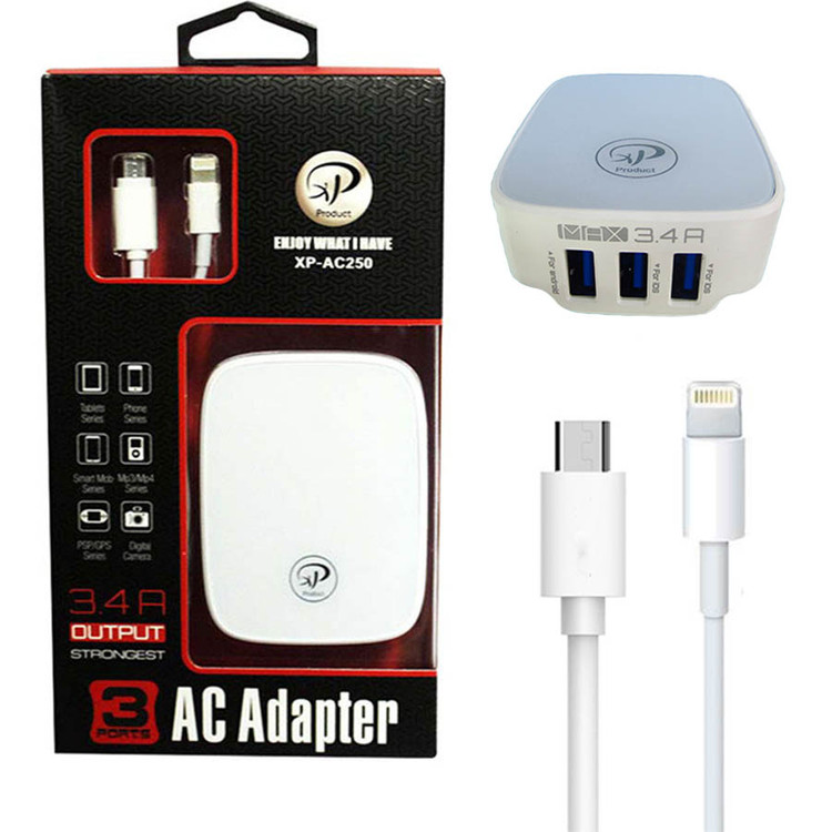 شارژر دیواری سه پورت ایکس پی مدل XP-AC250 به همراه کابل میکرو و لایتنینگ