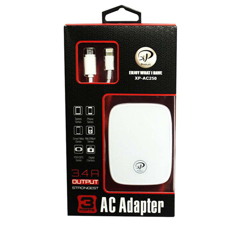 شارژر دیواری سه پورت ایکس پی مدل XP-AC250 به همراه کابل میکرو و لایتنینگ