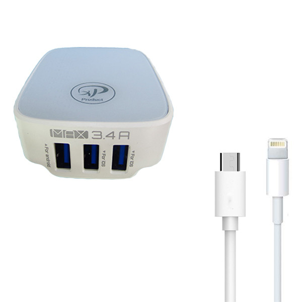 شارژر دیواری سه پورت ایکس پی مدل XP-AC250 به همراه کابل میکرو و لایتنینگ