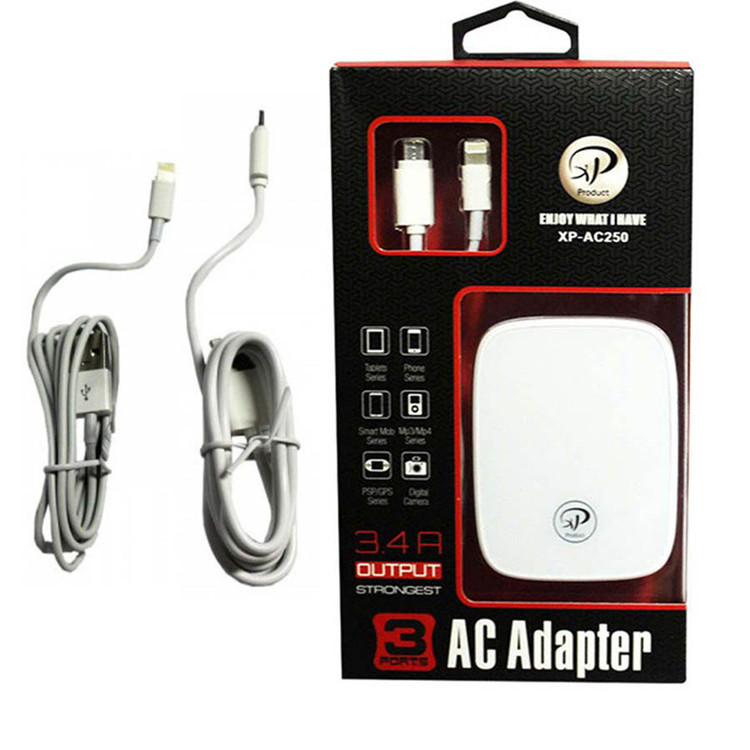 شارژر دیواری سه پورت ایکس پی مدل XP-AC250 به همراه کابل میکرو و لایتنینگ