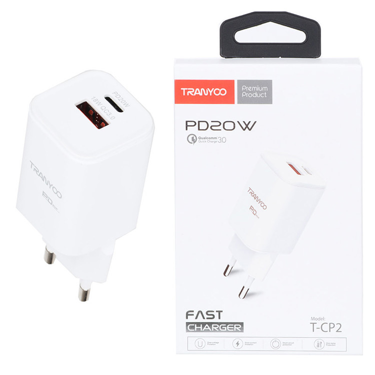 شارژر دیواری 20 وات دو پورت ترانیو مدل T-CP2 بدون کابل