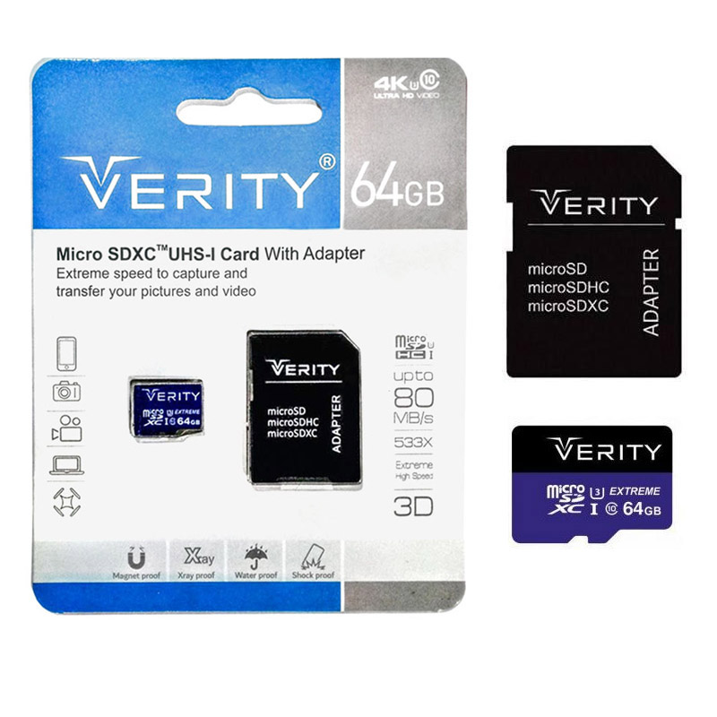 کارت مموری میکرو 64 گیگابایت وریتی مدل 4K کلاس 10 استاندارد UHS-I سرعت 80MBps به همراه آداپتور SD