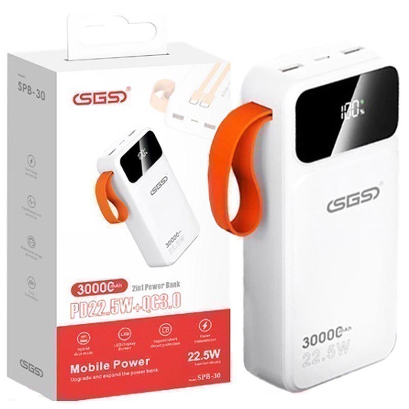 پاور بانک 30000 میلی‌آمپرساعت 22.5 وات فست شارژ SGS مدل SPB-30 با کابل سرخود