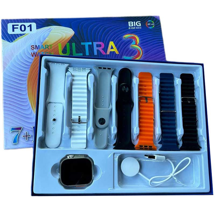 ساعت هوشمند F01 Ultra 3 مدل 49 میلیمتری با نمایشگر Super AMOLED و 7 بند سیلیکونی