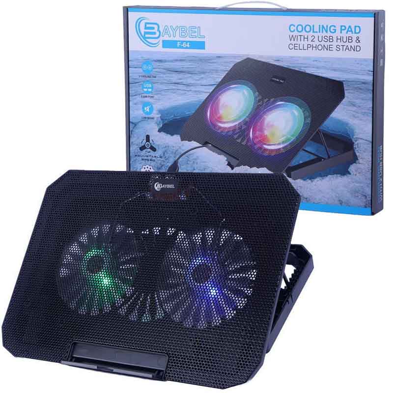 پایه خنک کننده لپ تاپ بایبل مدل F-64 دو فن RGB با استند موبایل