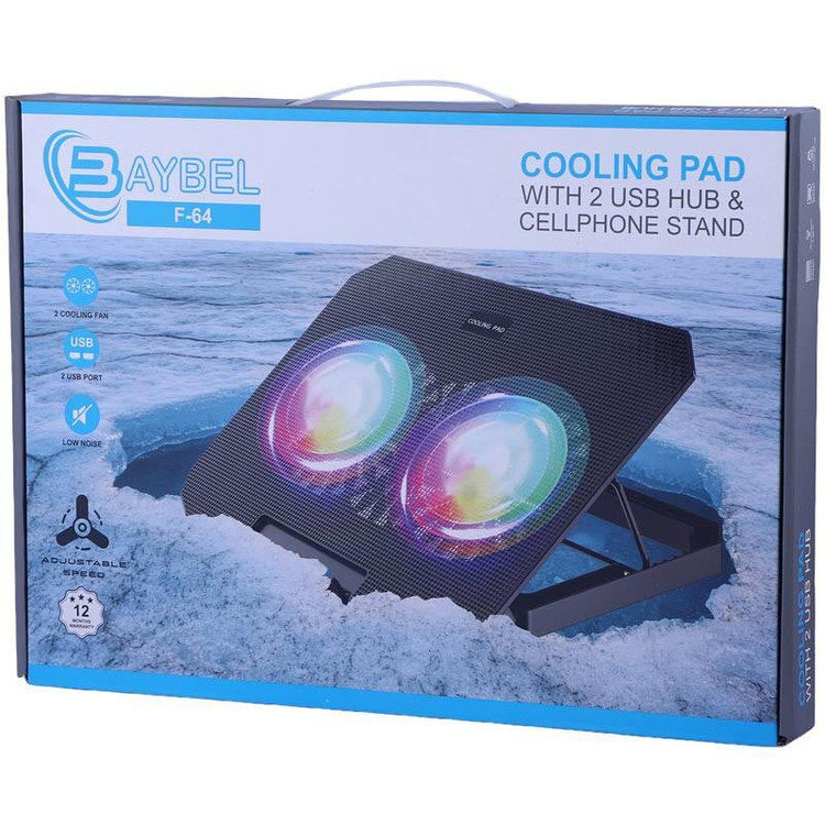 پایه خنک کننده لپ تاپ بایبل مدل F-64 دو فن RGB با استند موبایل