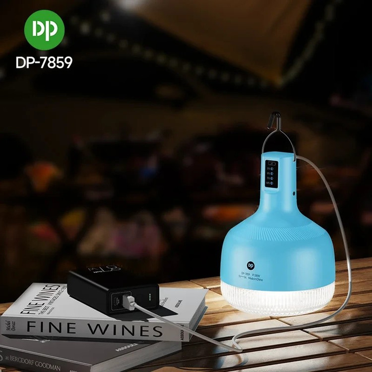 لامپ شارژی 38 وات دی پی مدل DP-7859 | چراغ آویز چادر با نور مهتابی